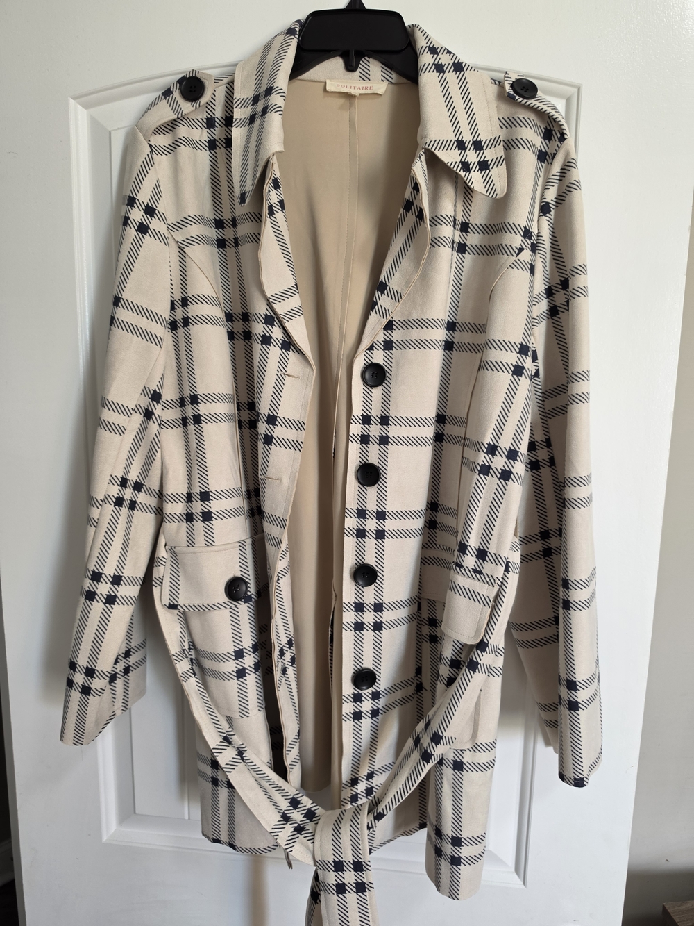 Plaid Belted Trench Coat - Beige/Navy